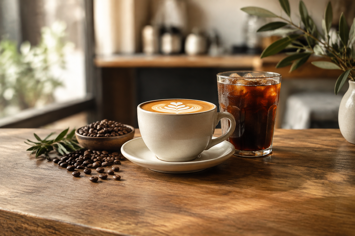 Café con leche, café frío y granos tostados sobre una barra de cafetería