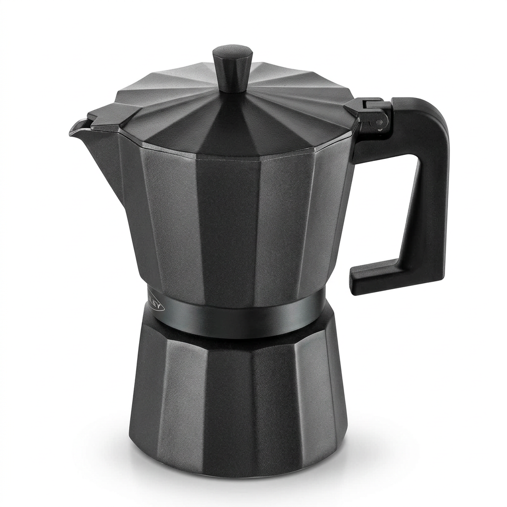 Cafetera italiana negra basada en el modelo Oroley Dakar de 3 tazas