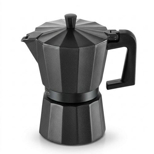 Cafetera italiana negra basada en el modelo Oroley Dakar de 3 tazas