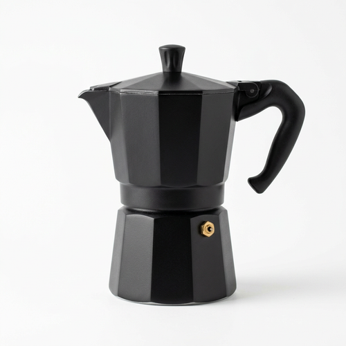 Cafetera italiana negra sobre fondo blanco