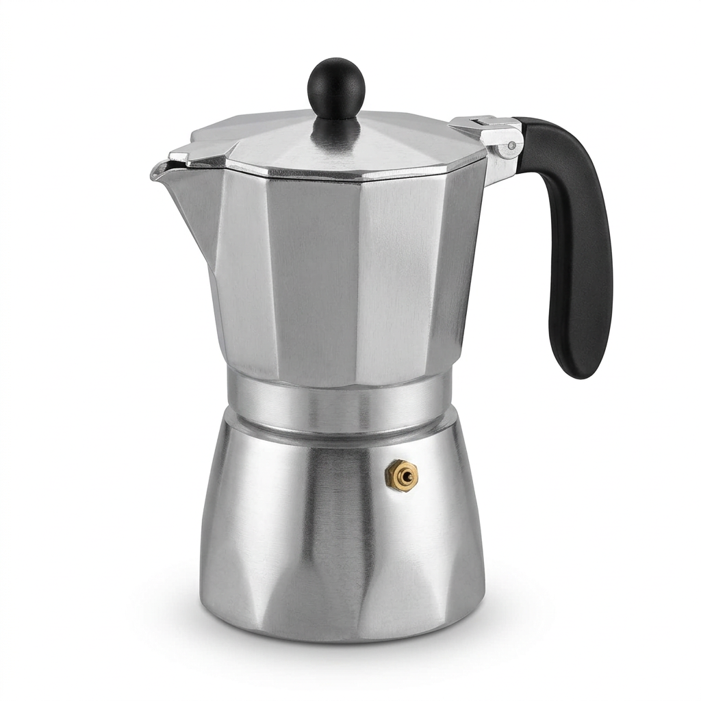 Cafetera italiana Oroley ALU plateada de 3 tazas sobre fondo blanco