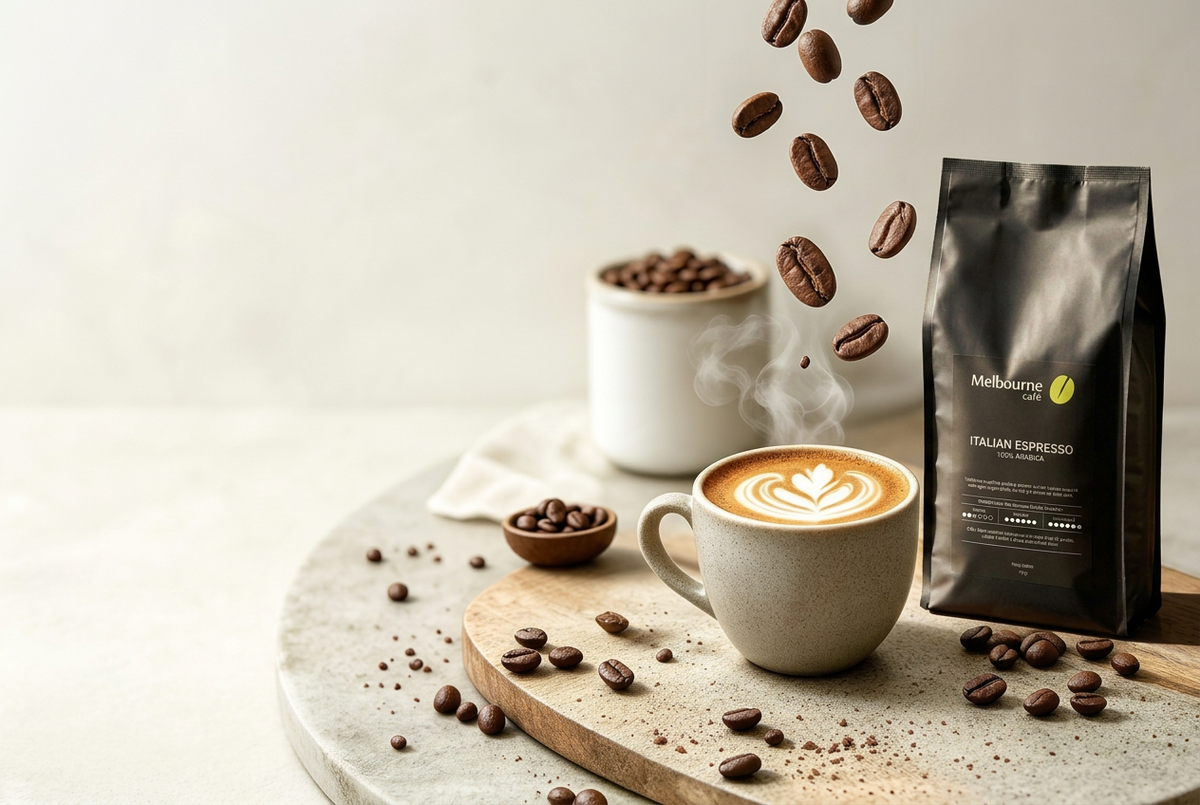 Propuesta basada en la referencia con taza grande, base redonda, envase negro Melbourne y granos de café cayendo